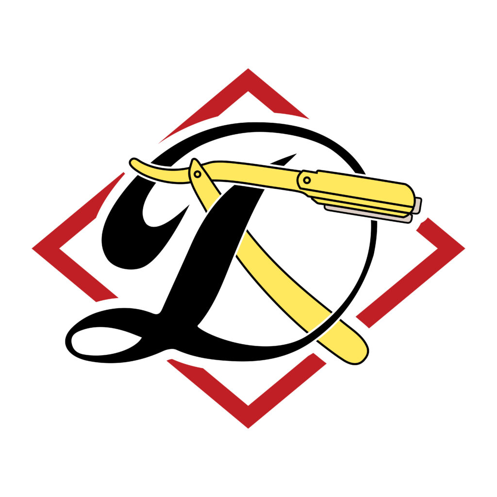 The letter D in a script font with a single edge razor intertwined. Both sit within a red diamond.