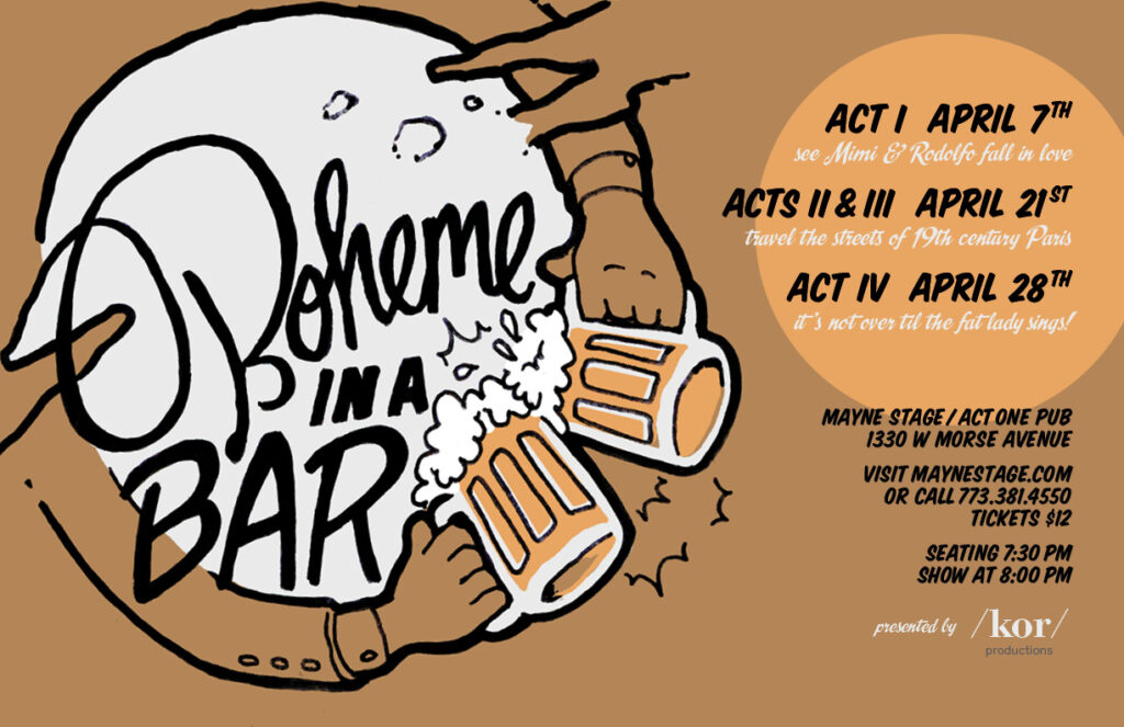 The text Boheme in a bar set over an image of the moon with two arms wrapped around it, clinking two glass mugs full of beer